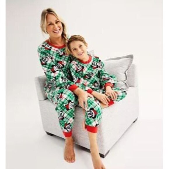 Disney Mickey Mouse Womens Red Green Plaid Fleece Pajamas 2 Pc Sets Sz M New - Picture 9 of 11